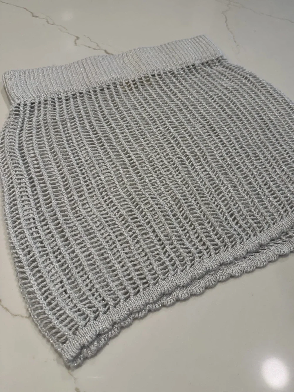 Ocean Drive Silver Metallic Open-Knit Crochet Mini Skirt